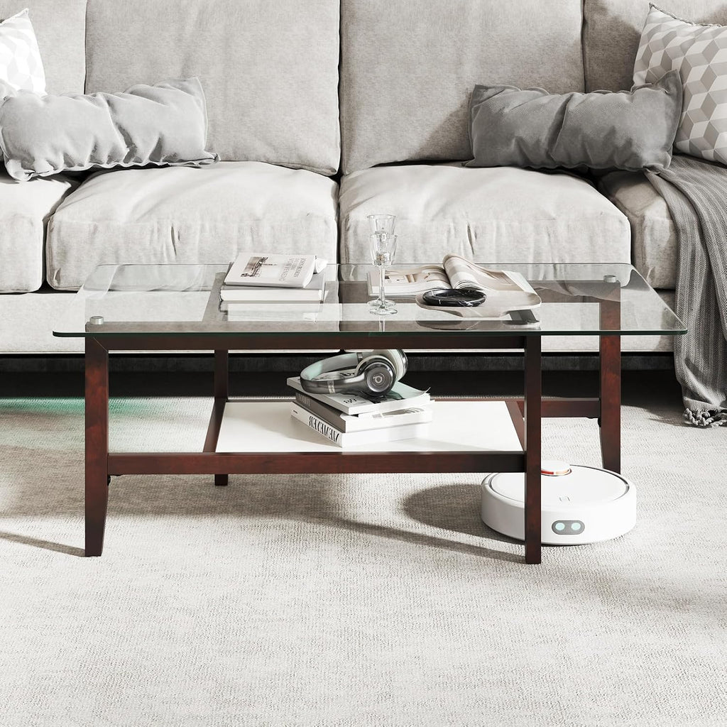 Giantex Glass Coffee Table, 42 Inch 2-Tier Rectangular Cocktail Table with Storage Shelf & Solid Rubber Wood Legs, Modern Center Table for Living Room, Home Office, Brown