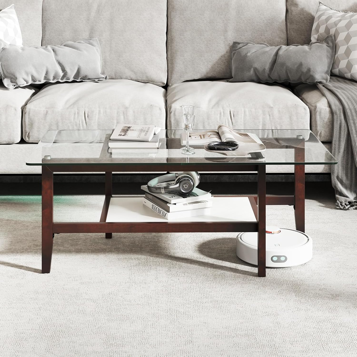 Giantex Glass Coffee Table, 42 Inch 2-Tier Rectangular Cocktail Table with Storage Shelf & Solid Rubber Wood Legs, Modern Center Table for Living Room, Home Office, Brown