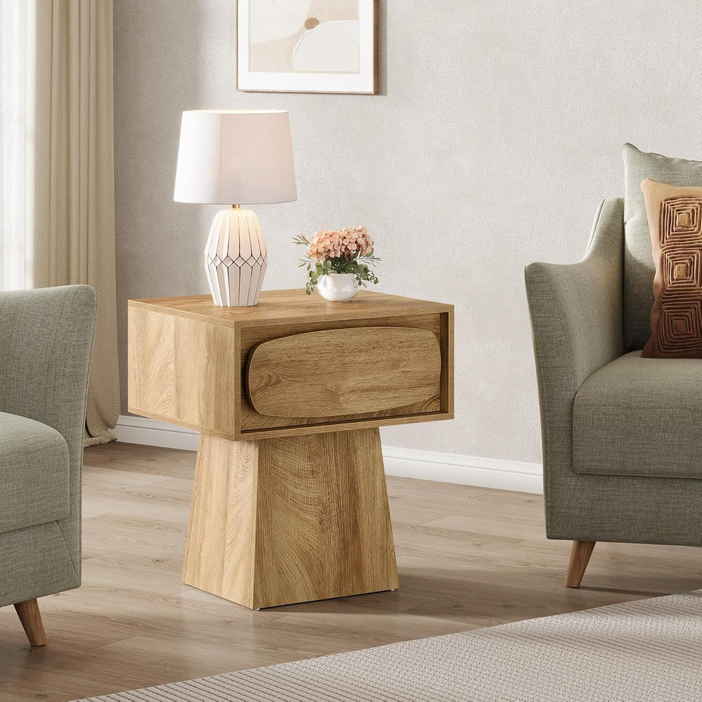 Tribesigns 2PCS End Table with Storage Drawer, Modern Wooden Side Table with Curved Handle, Small Nightstand for Living Room, Bedroom, Small Spaces (Natural Wood Color)