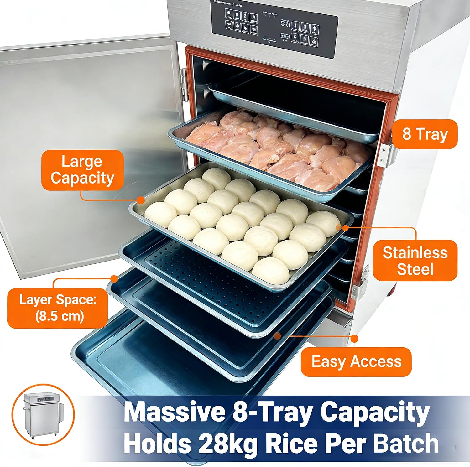 Commercial Electric Steaming Cabinet 8 Trays Intelligent Food Steamer Stainless Steel with Timer Appointment, Auto Water Refill, Anti-Dry for Restaurant/Canteen/Hotel Kitchen 220V 9KW 3PH