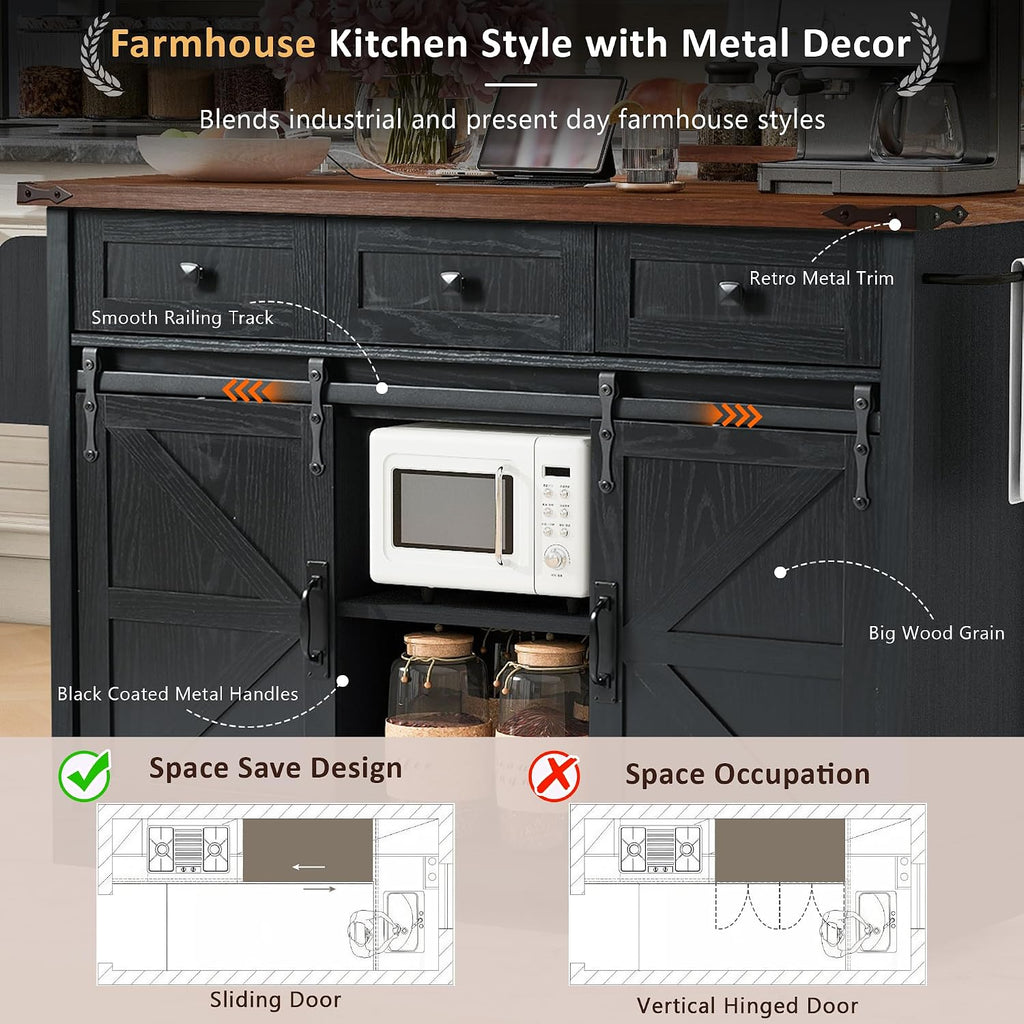 53.7' Farmhouse Kitchen Island with Power Outlet and Sliding Barn Doors, Rustic Kitchen Storage Islands with Drop Leaf, Rolling Kitchen Cart with Drawers and Spice Rack for Dining Room