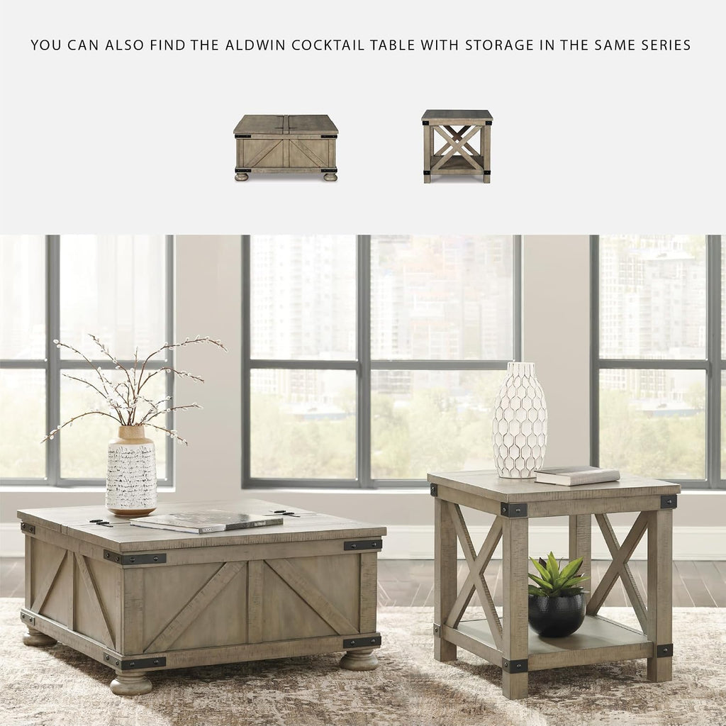 Signature Design by Ashley Aldwin Casual Farmhouse Rectangular End Table with Crossbuck Details, Metal Bracket Accents, Wood, 25' High, Weathered Gray