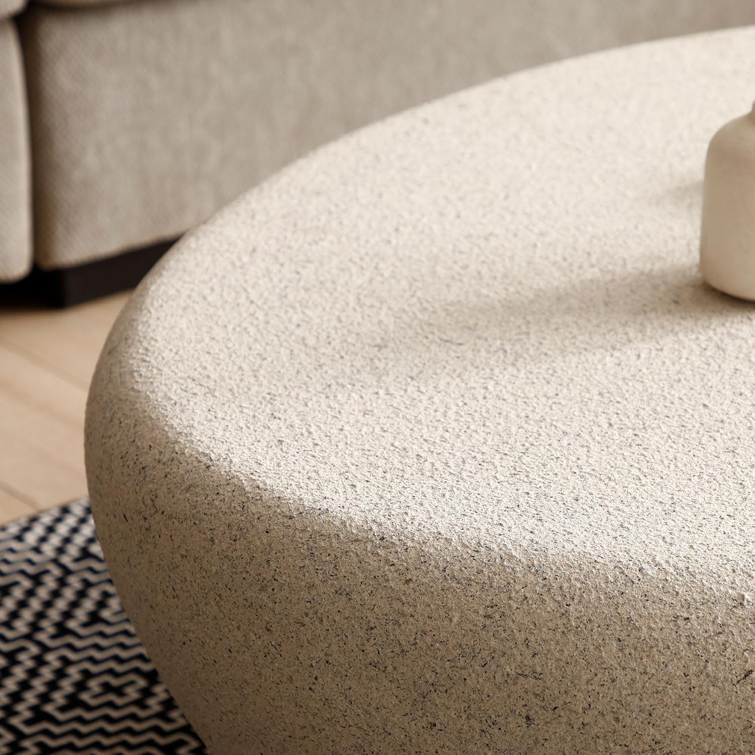 43.3' Oval Coffee Table for Living Room, Modern Faux Stone Center Table, Minimalist Accent Fiberglass Tea Table for Office Apartment, No Need Assembly, Cream White