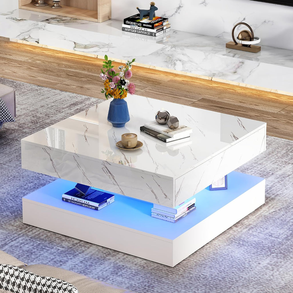 jiteentarou 33.9 Inch Modern LED Coffee Table with Storage - High Gloss Black Square Center Table with 2 Drawers, Double-Layer Design for Living Room, Home Office Furniture,White Marble