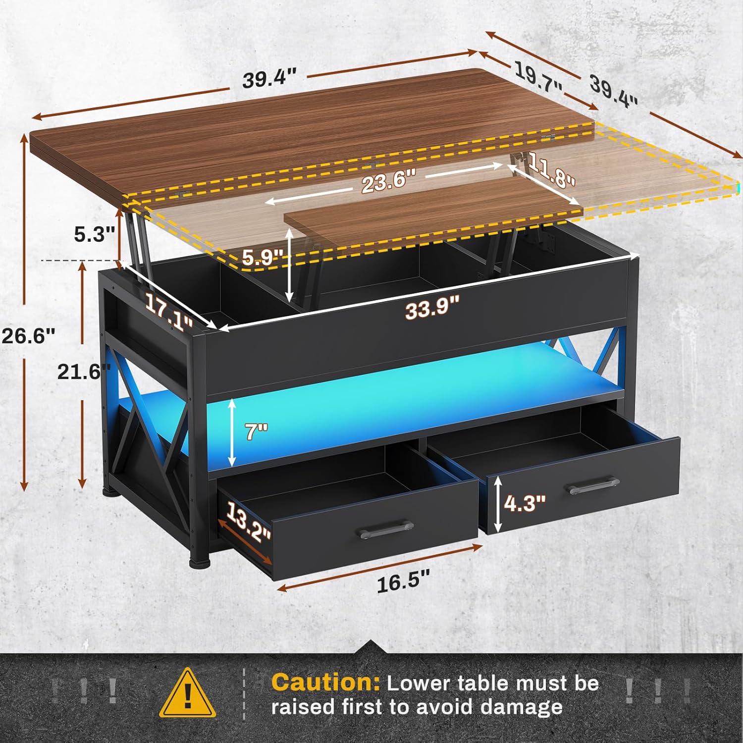 Itaar 40' Lift Top Coffee Table, 4 in 1 White Coffee Tables with Storage for Living Room, Small Coffee Table with 2 Drawers & LED Light for Dining Room, Black+Brown