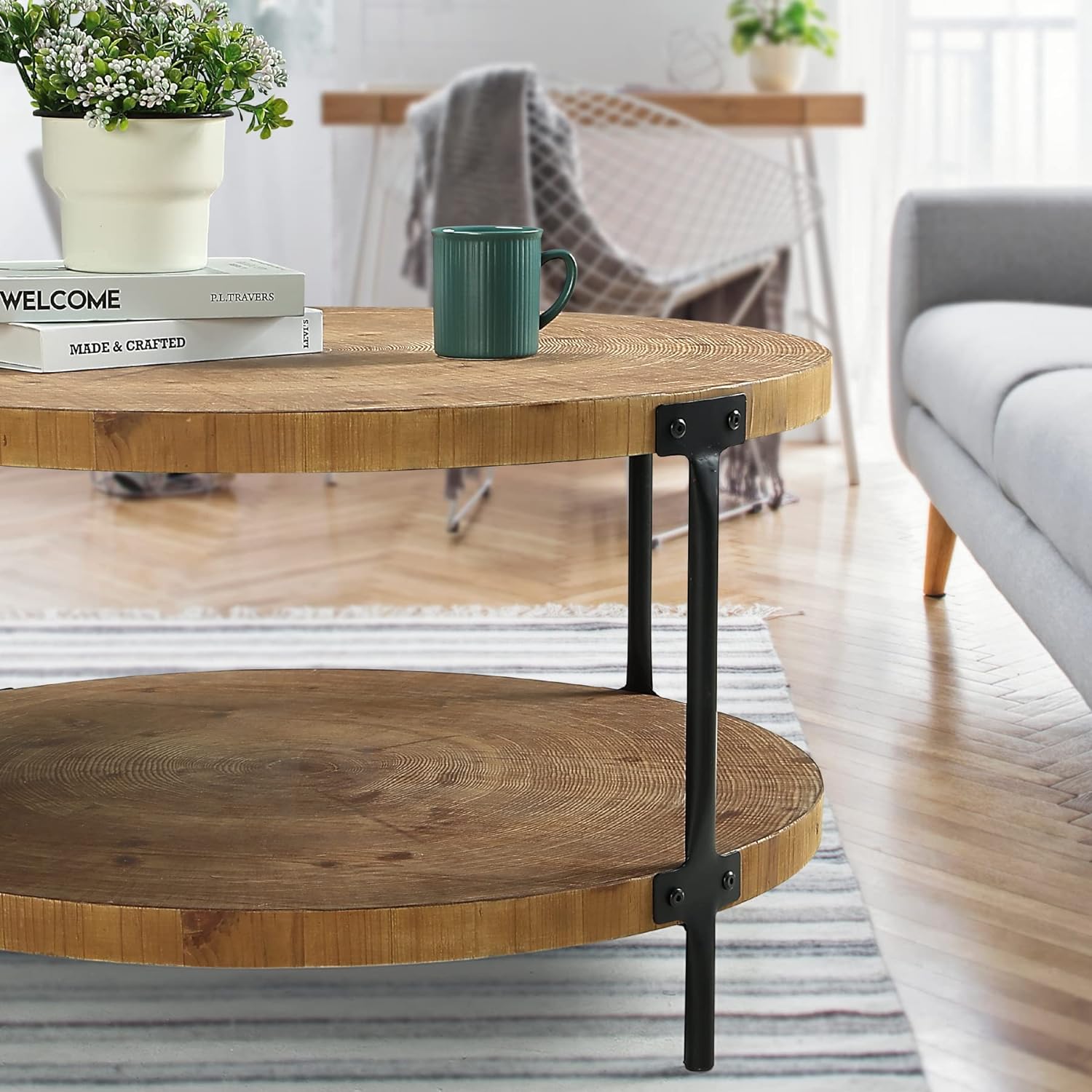 Awescuti Round Boho Wood Coffee Table - 29.1' Farmhouse Natural Circle Wooden 2-Tier Coffee Tables Living Room Furniture, 29.1' D x 18.3' H, Natural Wood Color