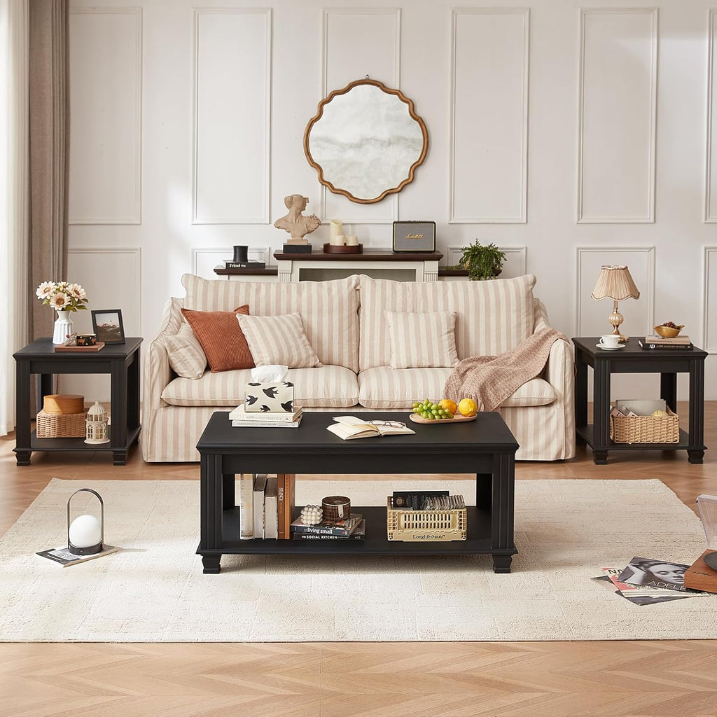 SAVOR LIFE Farmhouse Coffee Tables for Living Room,Square Tea Table with Open Storage Shelf,Large Coffee Table,Rustic Wooden Center Table,Black