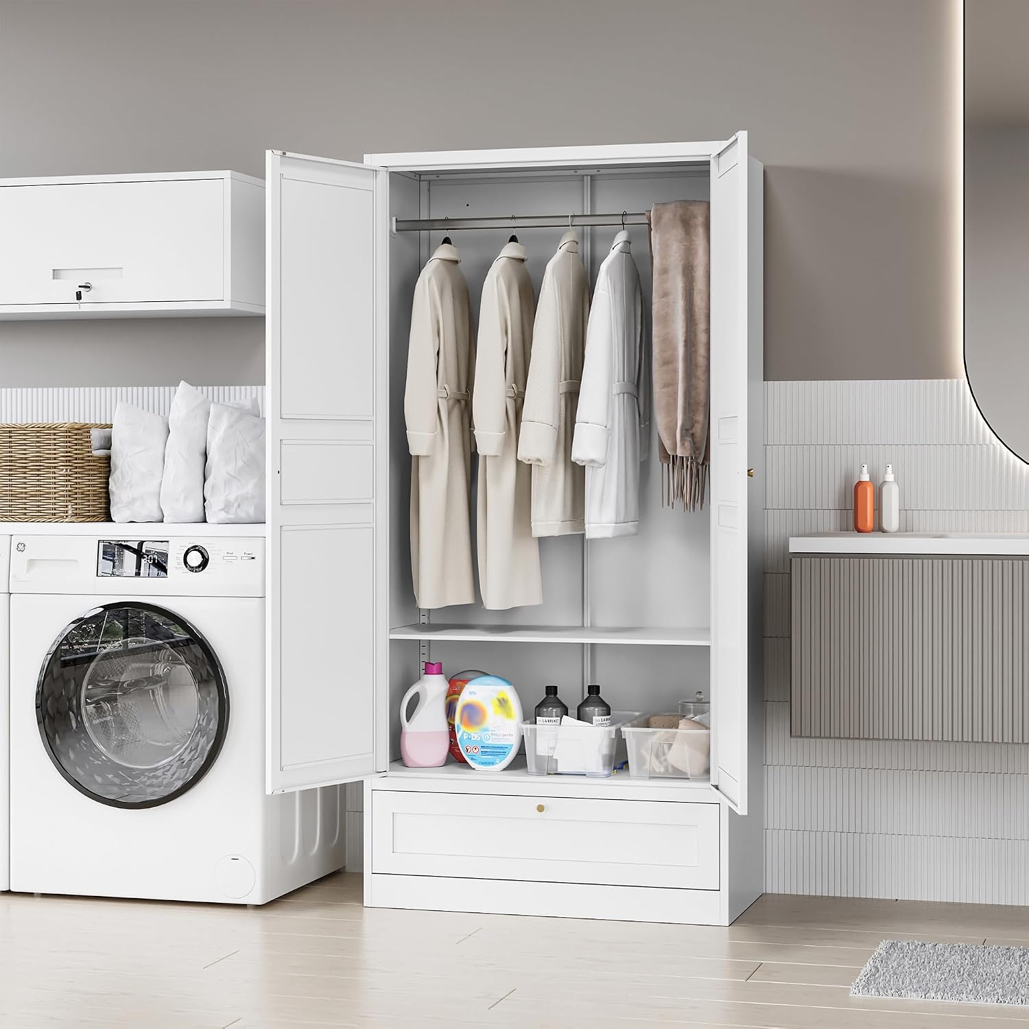 MIIIKO Wardrobe Closet with Drawer, 2 Doors Clothes Cabinet, 72' Metal Storage Cabinets with Hanging Rod, Bedroom Armoires Laundry Room and Office Clothes Storage Organizer Cabinets