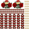 Yunlly 36 Pcs Rose Candle Rings with Flameless Candles Sets, Artificial Flower Eucalyptus Wedding Centerpiece 3 Inch Pillar Candleholders Wreaths for Wedding Party Mother's Day (Red)