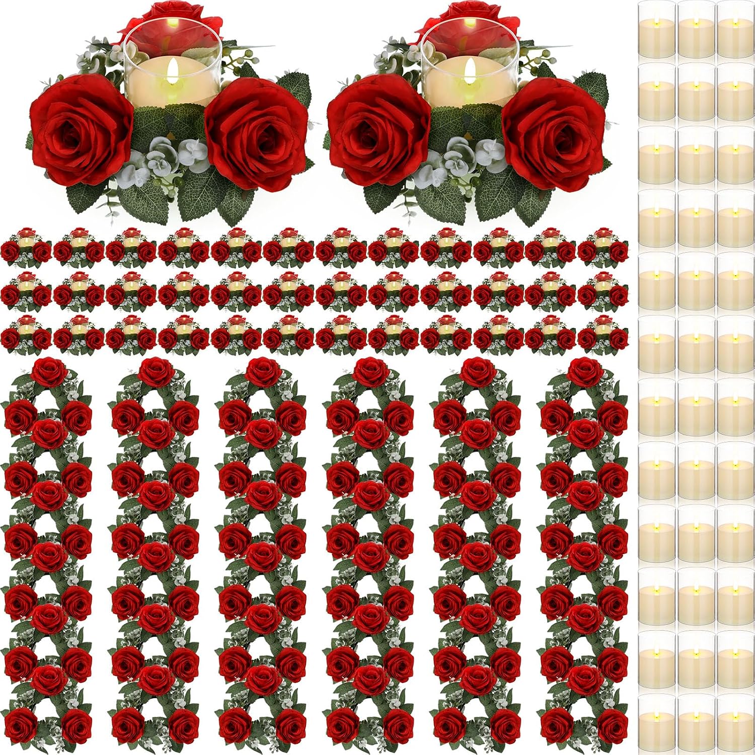 Yunlly 36 Pcs Rose Candle Rings with Flameless Candles Sets, Artificial Flower Eucalyptus Wedding Centerpiece 3 Inch Pillar Candleholders Wreaths for Wedding Party Mother's Day (Red)