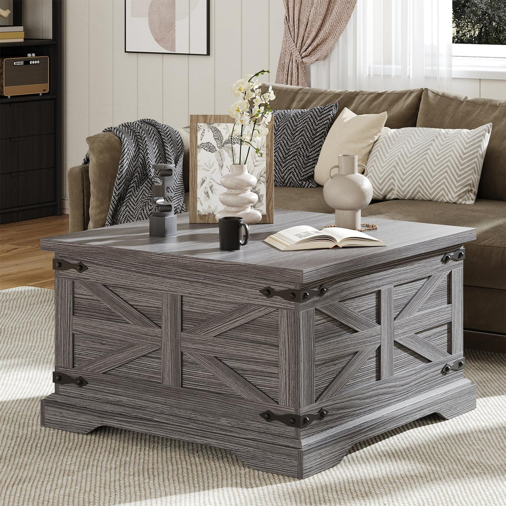 VVFLU Farmhouse Coffee Table with Storage, Square Center Table for Living Room, Rustic, Hinged Lift Top Soft Close, Wood, Large Hidden Storage, Modern, Metal Corner, Grey
