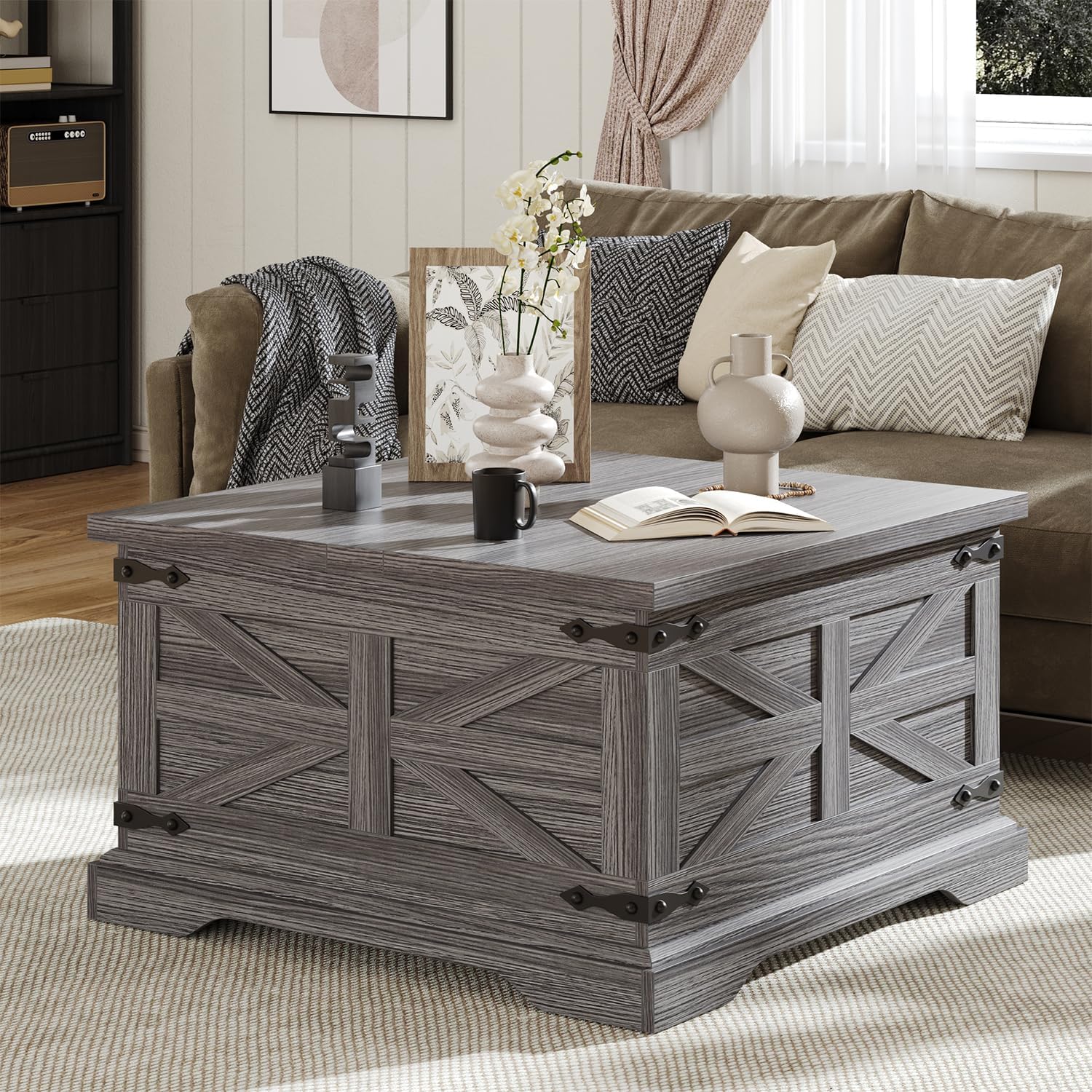 VVFLU Farmhouse Coffee Table with Storage, Square Center Table for Living Room, Rustic, Hinged Lift Top Soft Close, Wood, Large Hidden Storage, Modern, Metal Corner, Grey