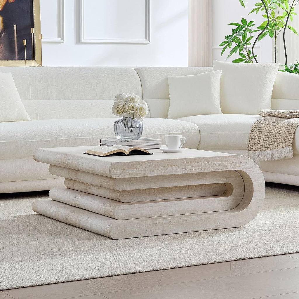 Square Coffee Table 33.86' Faux Marble Pattern Wood Center Table with Layered Base for Living Romm Apartment, No Need Assembly