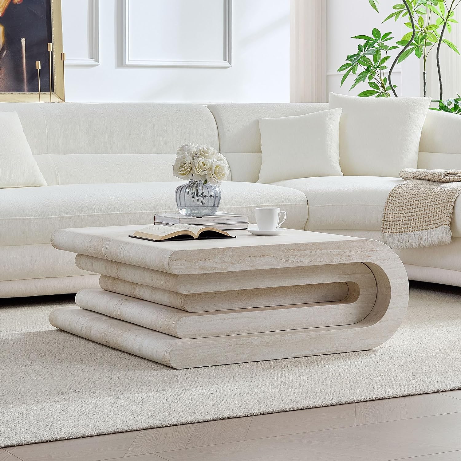 Square Coffee Table 33.86' Faux Marble Pattern Wood Center Table with Layered Base for Living Romm Apartment, No Need Assembly