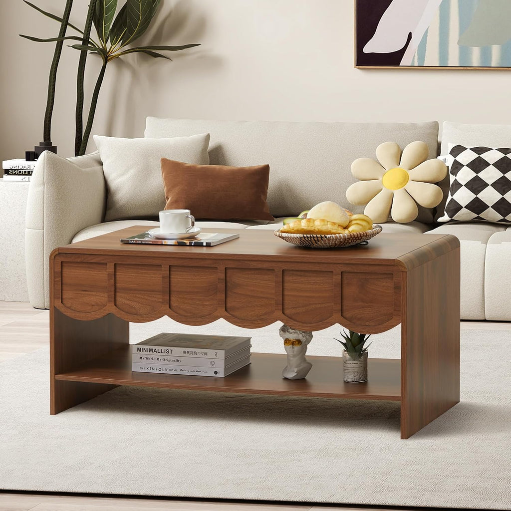 Lift Top Coffee Table with Hidden Compartment, 2 Tier Wooden Center Table with Wave Panel, Modern Lift Tabletop for Home Living Room Office, Walnut
