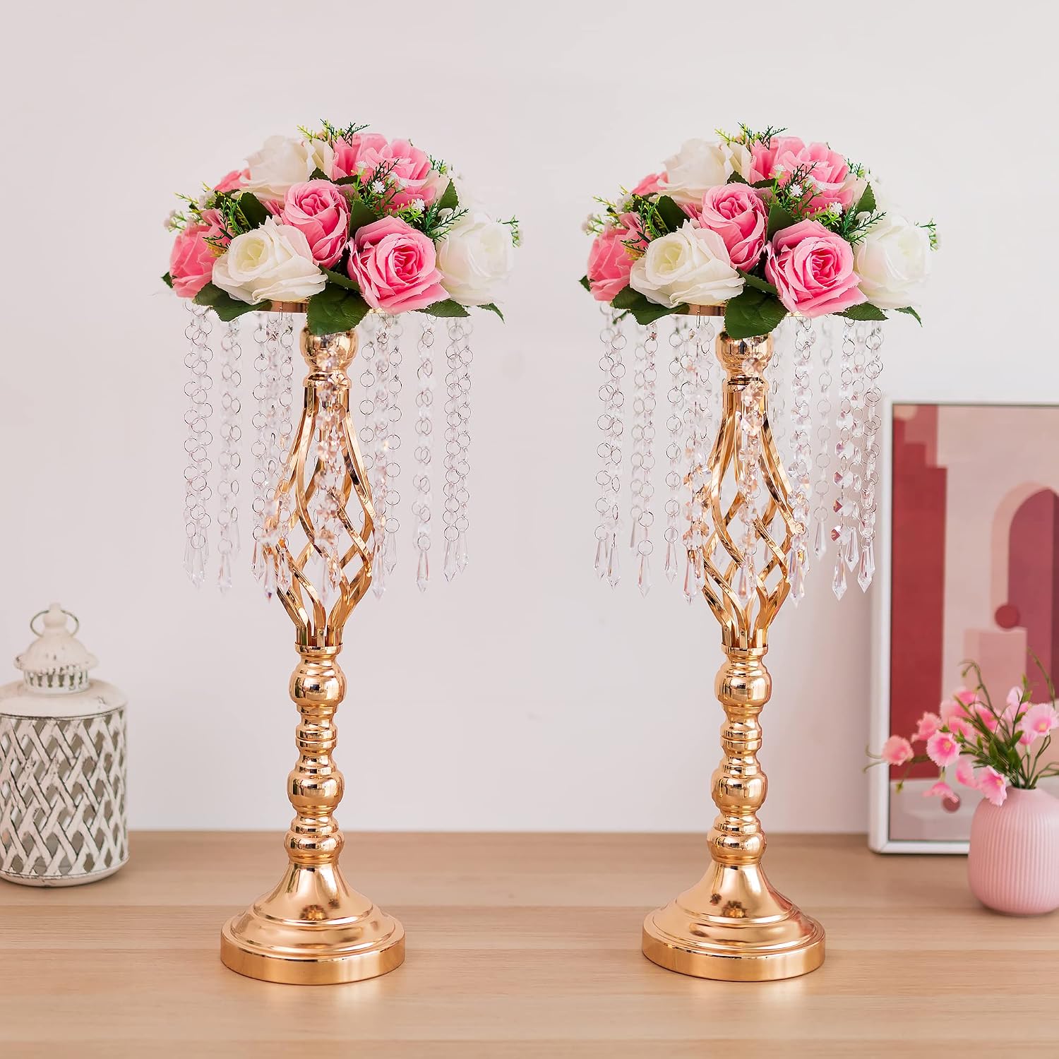 Gold Vases Centerpieces for Wedding: 19.3' Tall Flower Stand with Crystal Patent for Table Center Piece Party Event Set of 10