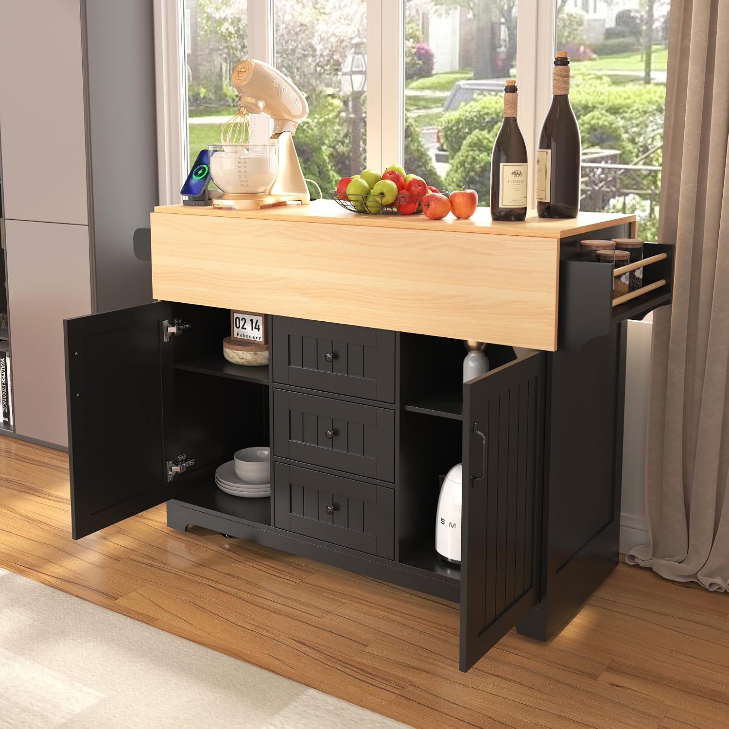Merax 55.7' Upgraded Large Kitchen Cart Island on Wheels with 2 Drop Leaf,Power Outlet,3 Drawers,Wood Frame Storage Cabinet