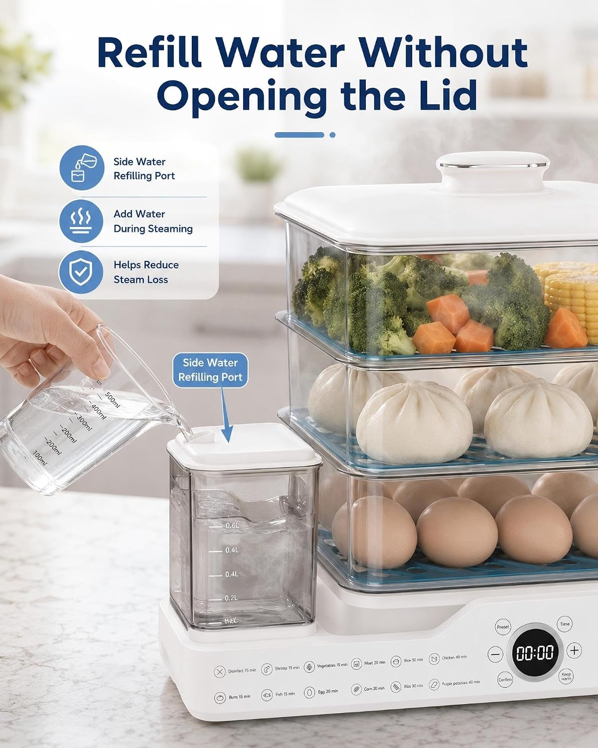 24L Electric Vegetable Steamer, 3-Tier Digital cooking steamer with 24-Hour Delay Start, Keep Warm, Removable Water Tank and Stainless Steel Trays for Dumplings, Seafood, Eggs and Rice