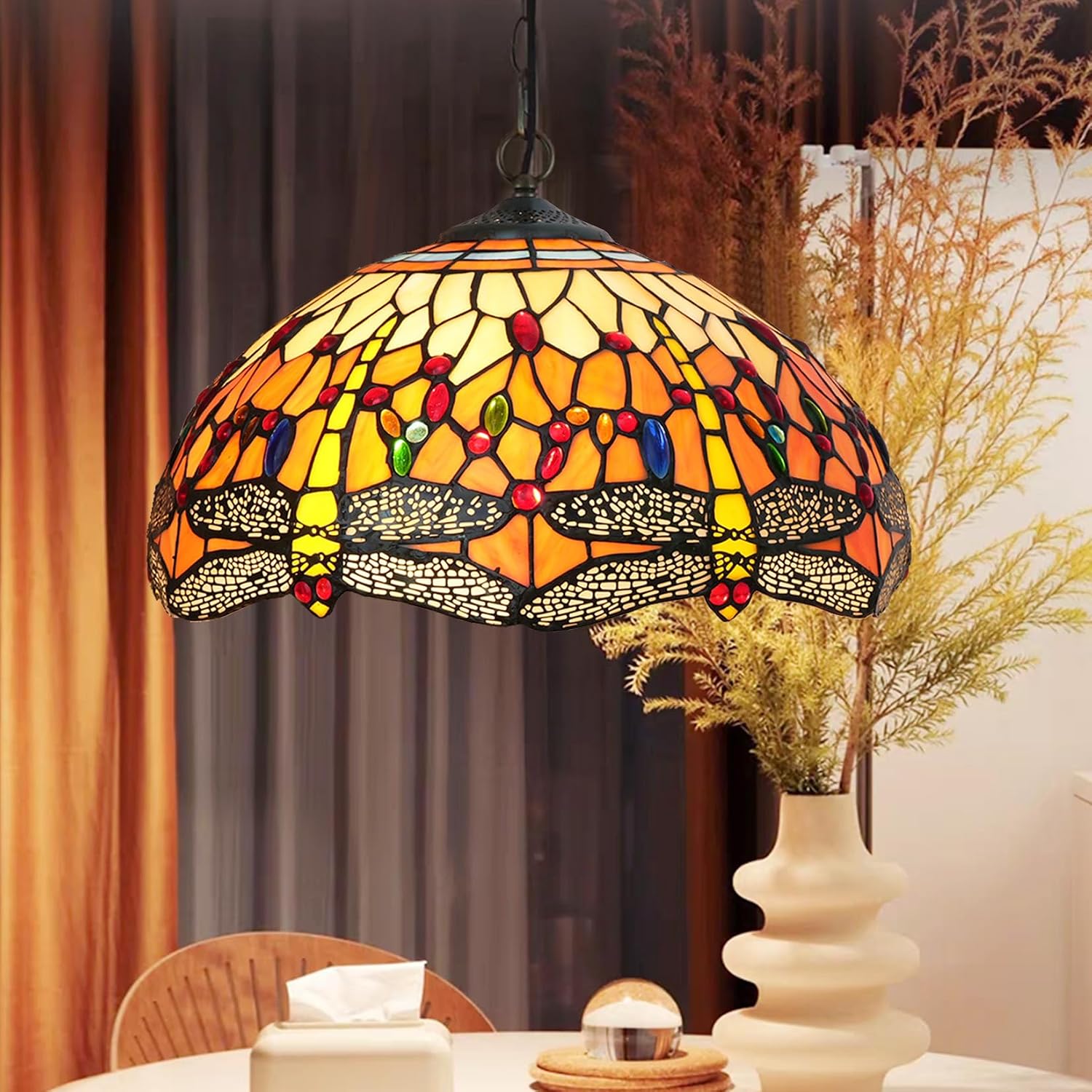 W16H9 Inch Tiffany Lamp Shade Replacement, Stained glass Dragonfly style Lampshades, Only Handmade Retro lampshade Replacement for Table Lamp Pendant Light Floor Lamp Ceiling Fixture,Orange
