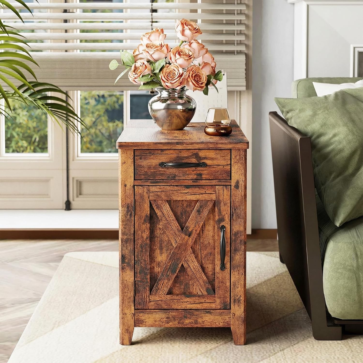 IRONCK End Table with Charging Station, Narrow Side Table for Living Room, Farmhouse Night Stand for Bedroom, Bedside Table with Storage and Drawer for Home, Vintage Brown