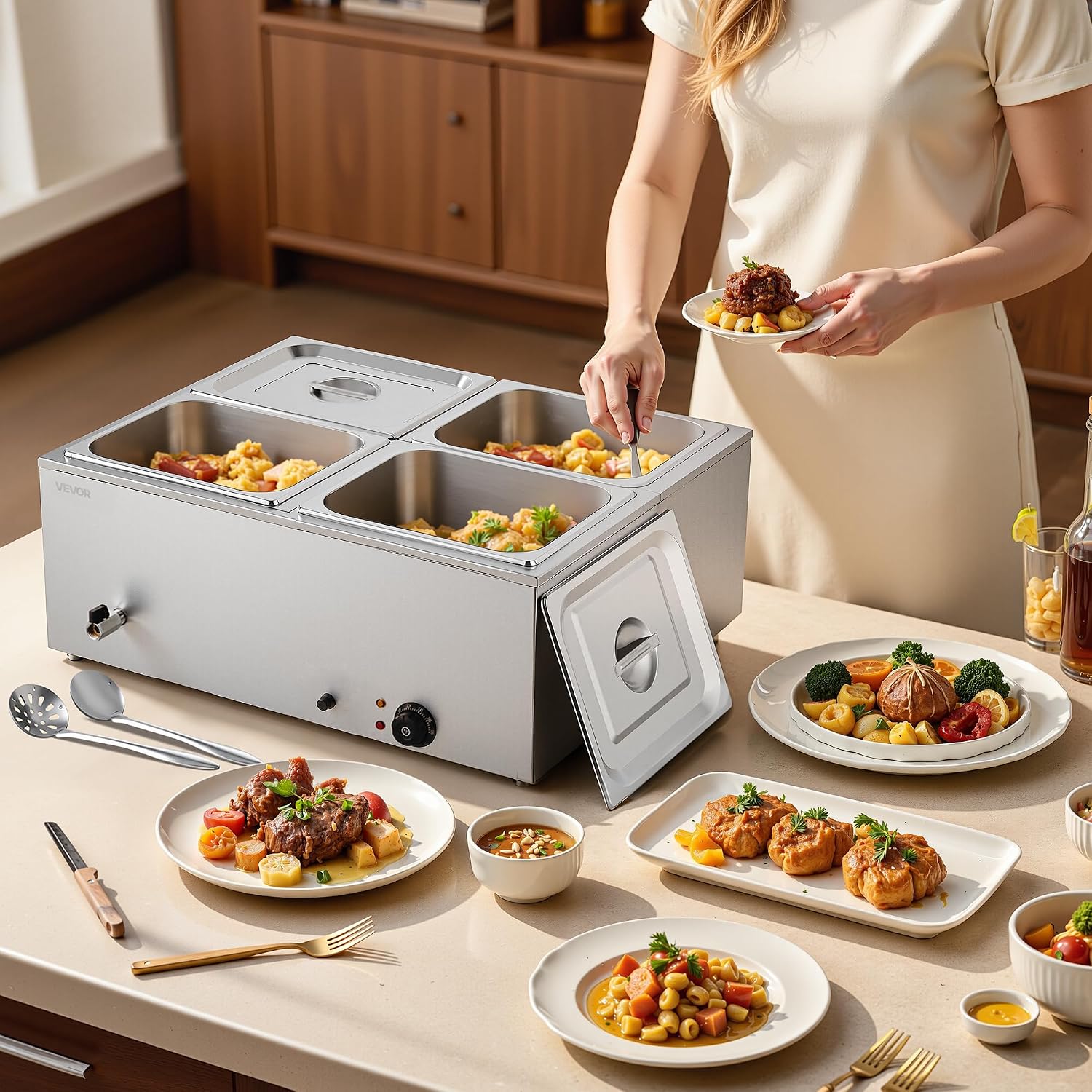 VEVOR Commercial Food Warmer, 1500W Electric Stainless Steel Steam Food Warmer with Lid, 4-Pan Fast Heating Countertop Buffet Bain Marie with Soup & Perforated Ladles, for Catering, Restaurant, Party
