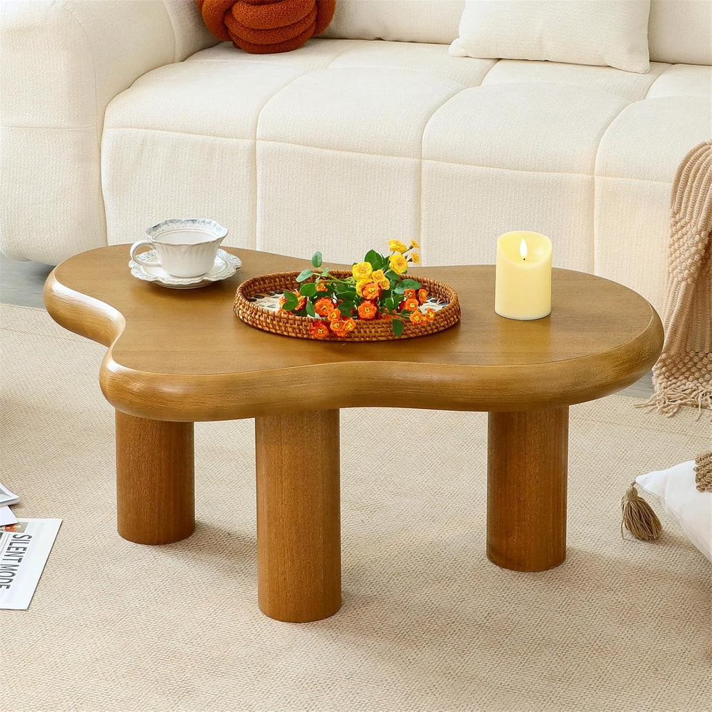 34'(L) Cloud Coffee Table, Modern Wood Coffee Table for Living Room, Accent Center Tables with 3 Legs, Small Tea Tables for Balcony, Patio, Bedroom, Wood