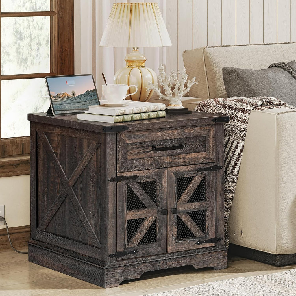 RALGEND Farmhouse End Table with Charging Station, 24' Large Sofa Side Table with Drawer, Large End Table for Living Room, Wooden Nightstand with Outlet, Square, Dark Rustic Oak