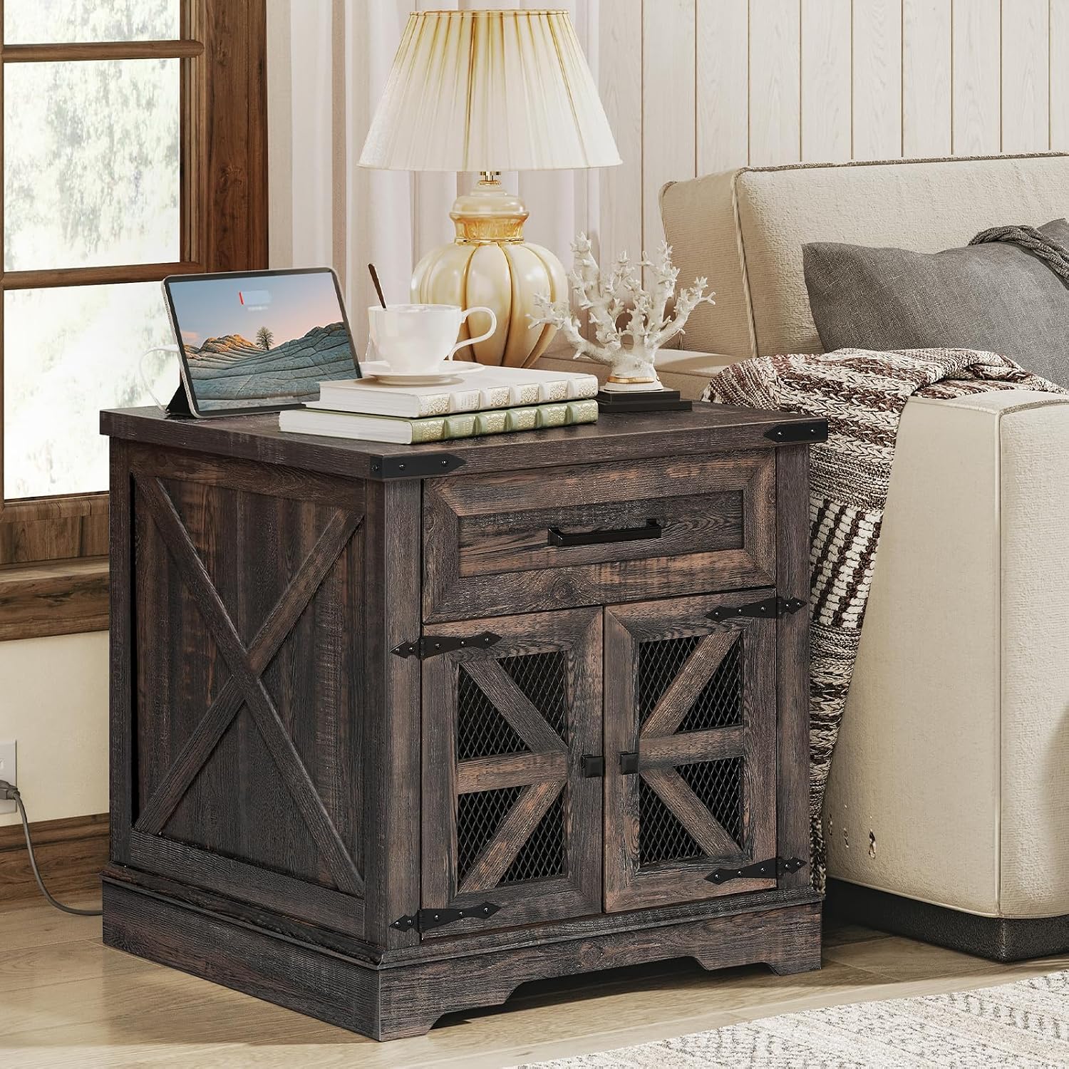 RALGEND Farmhouse End Table with Charging Station, 24' Large Sofa Side Table with Drawer, Large End Table for Living Room, Wooden Nightstand with Outlet, Square, Dark Rustic Oak