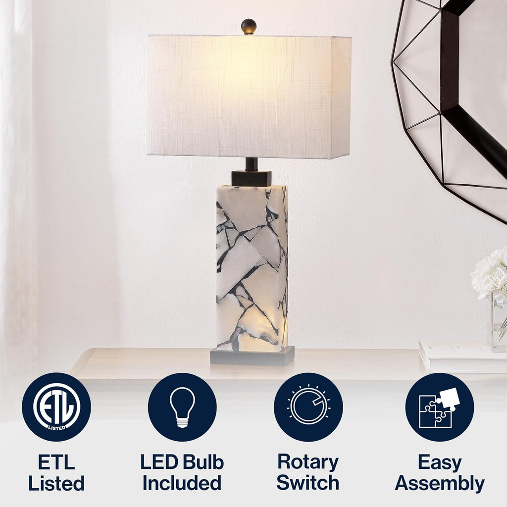 JONATHAN Y 27.5' Black White Alabaster Rectangular Table Lamp with Night Light Contemporary Coastal Bedside Lamp for Bedroom with White Linen Shade LED Bulbs Included JYL6201B