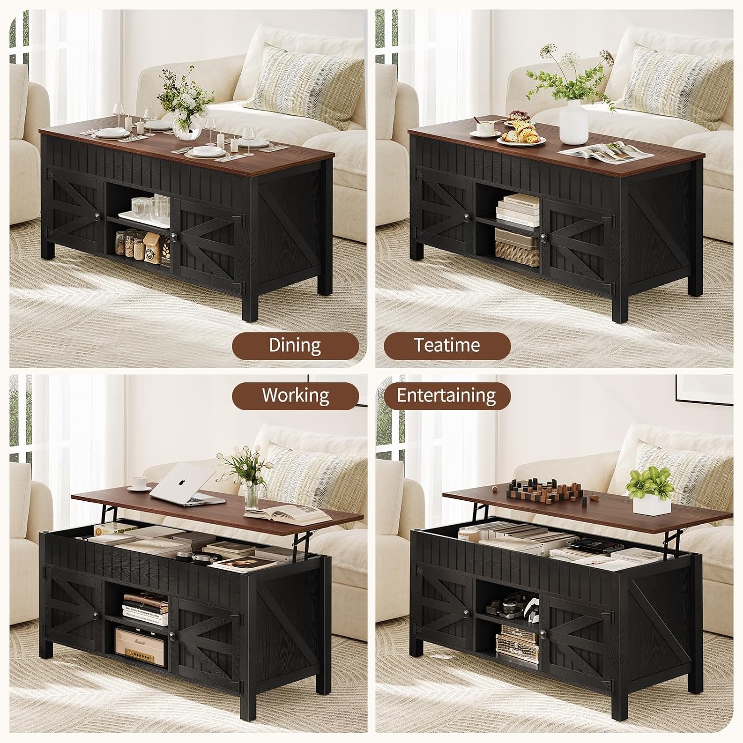 47.3' Lift Top Coffee Table with Storage - Black Coffee Tables for Living Room, Farmhouse Wood Center Table, Large Rectangle Middle Tables with Hidden Compartment & Adjustable Shelf