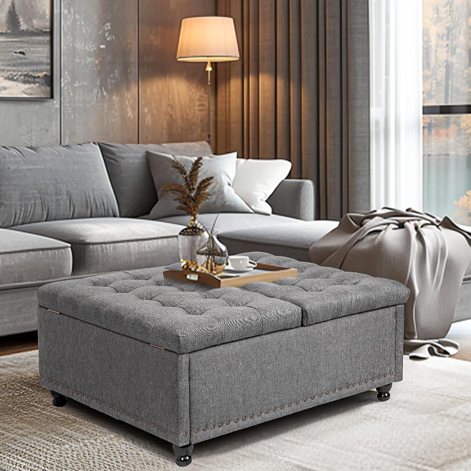 Redlife 35 Inch Large Square Storage Ottoman, Storage Ottoman Coffee Table with Lift Top Linen Ottomans Bench Square Footrest Oversized Upholstered Coffee Table for Living Room Bedroom (Dark Grey)