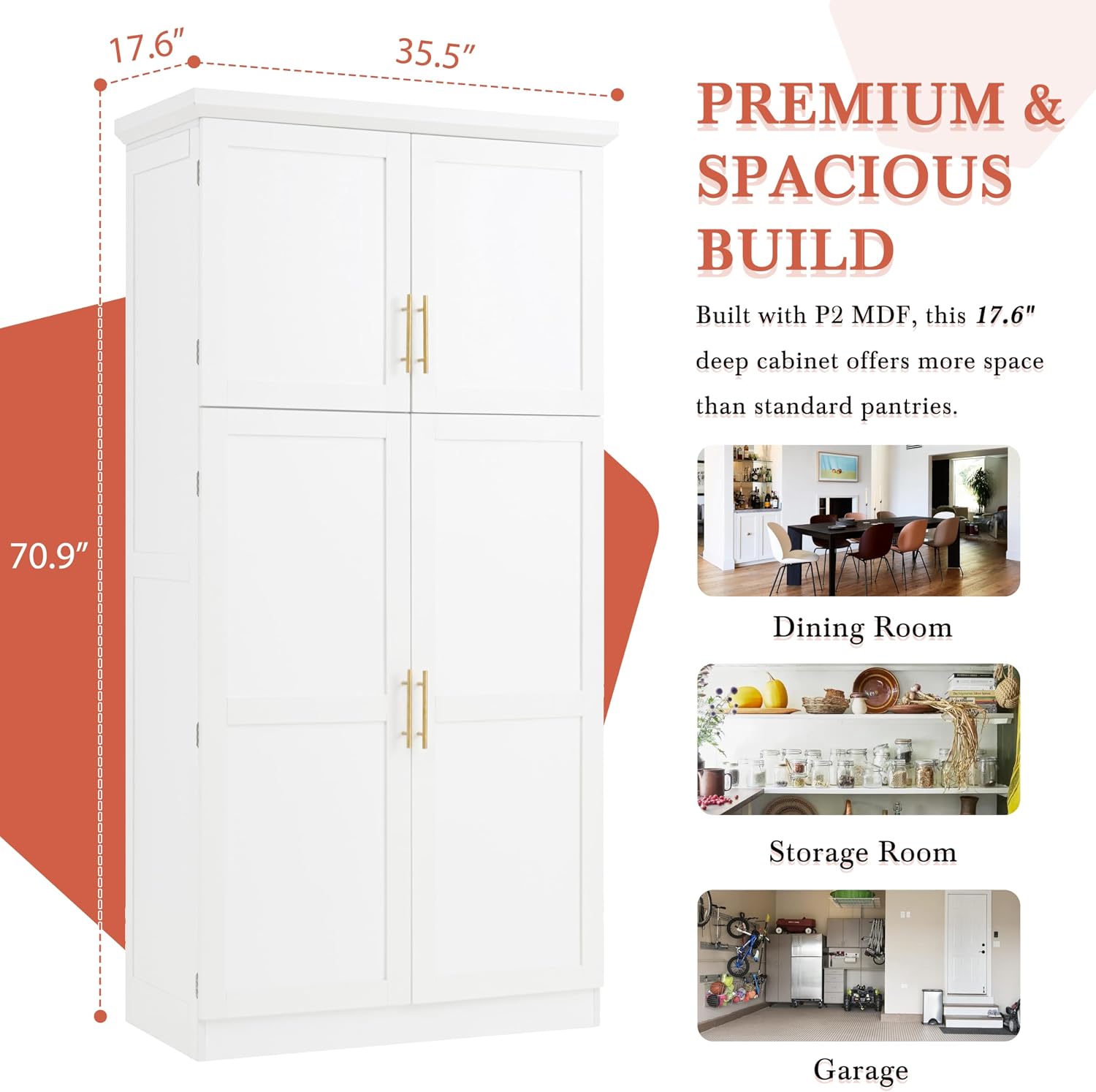 Merax 35.5x17.6x70.9 inches Freestanding Kitchen Pantry Cabinet, Tall Storage Cabinet with 4 Doors, 2 Door Shelves, 8 Pull-Out Trays and Adjustable Shelf for Dining Room, White