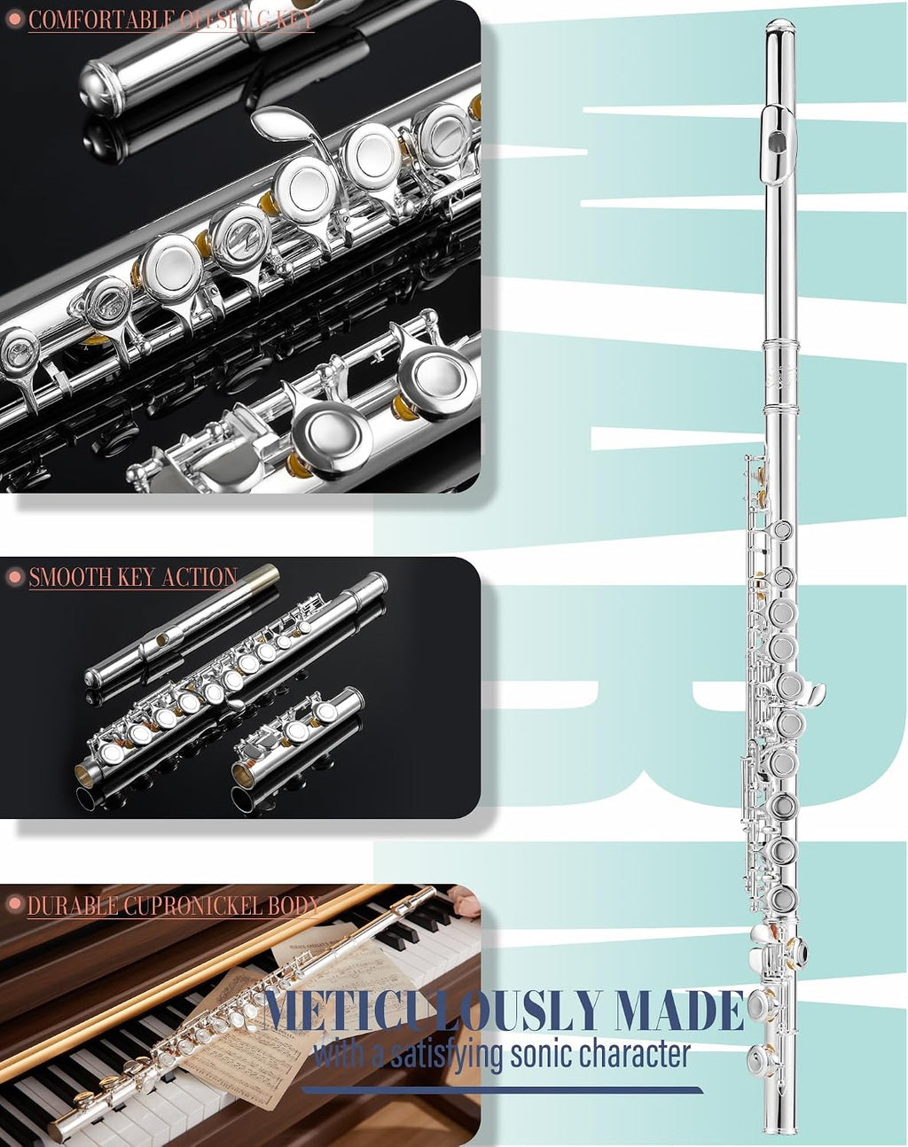 AKLOT Closed-Hole Concert C Flute: Flute Instrument with 16 Keys, Offset G, Smooth Silver-Plated Keys, Air-Tight Pads, Include Stylish Leather Hard Case, Cleaning Kit, Stand, Gloves (LUM-MV)