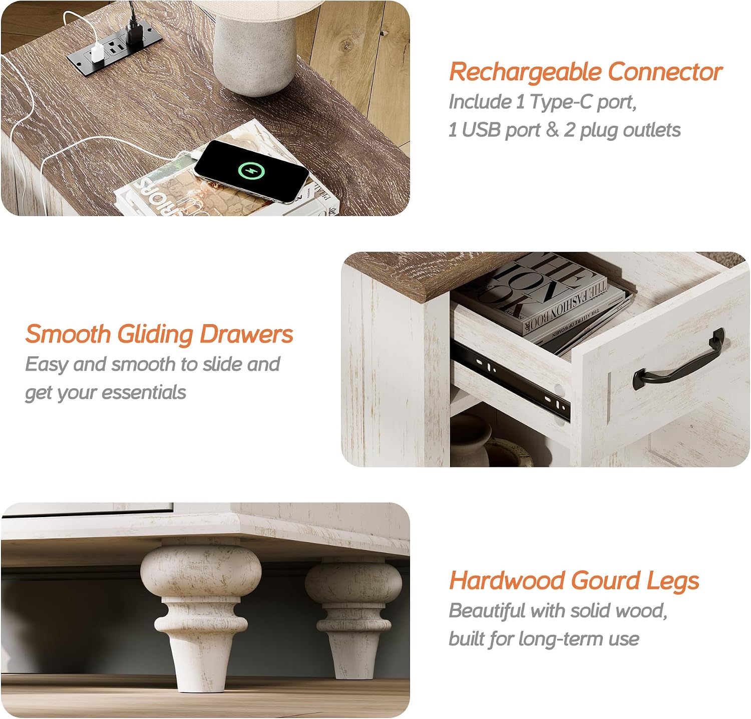 WAMPAT Antique White End Table with Charging Station, Wooden Side Table with Drawer & Storage Cabinet, Farmhouse Nightstand with Power Outlets & USB Ports for Living Room, Bedroom