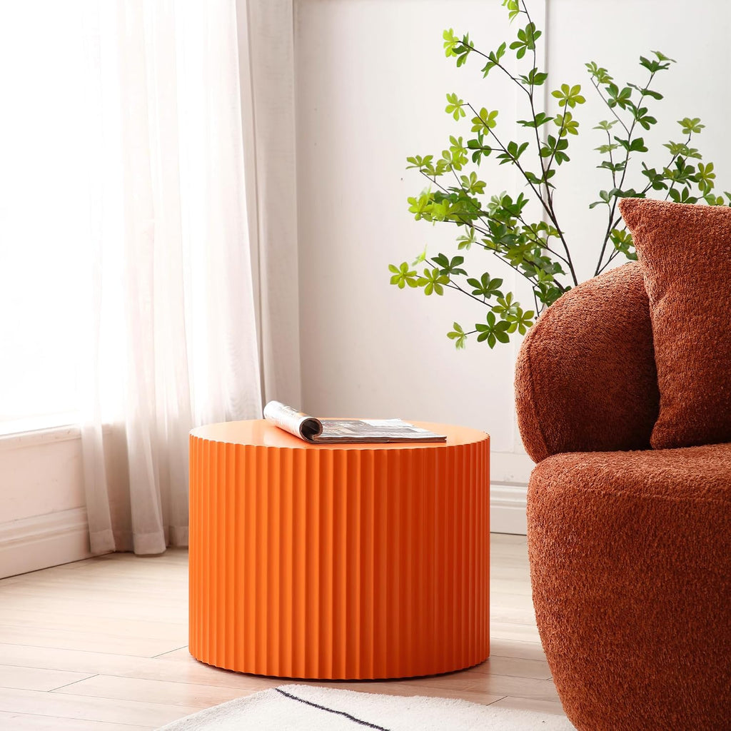Nesting Coffee Table Set of 2, 23.6 inch Round Coffee Tables, MDF Nesting Tables with Roman Column Design, Modern Handcrafted Wooden Drum Accent Tables for Living Room - Orange