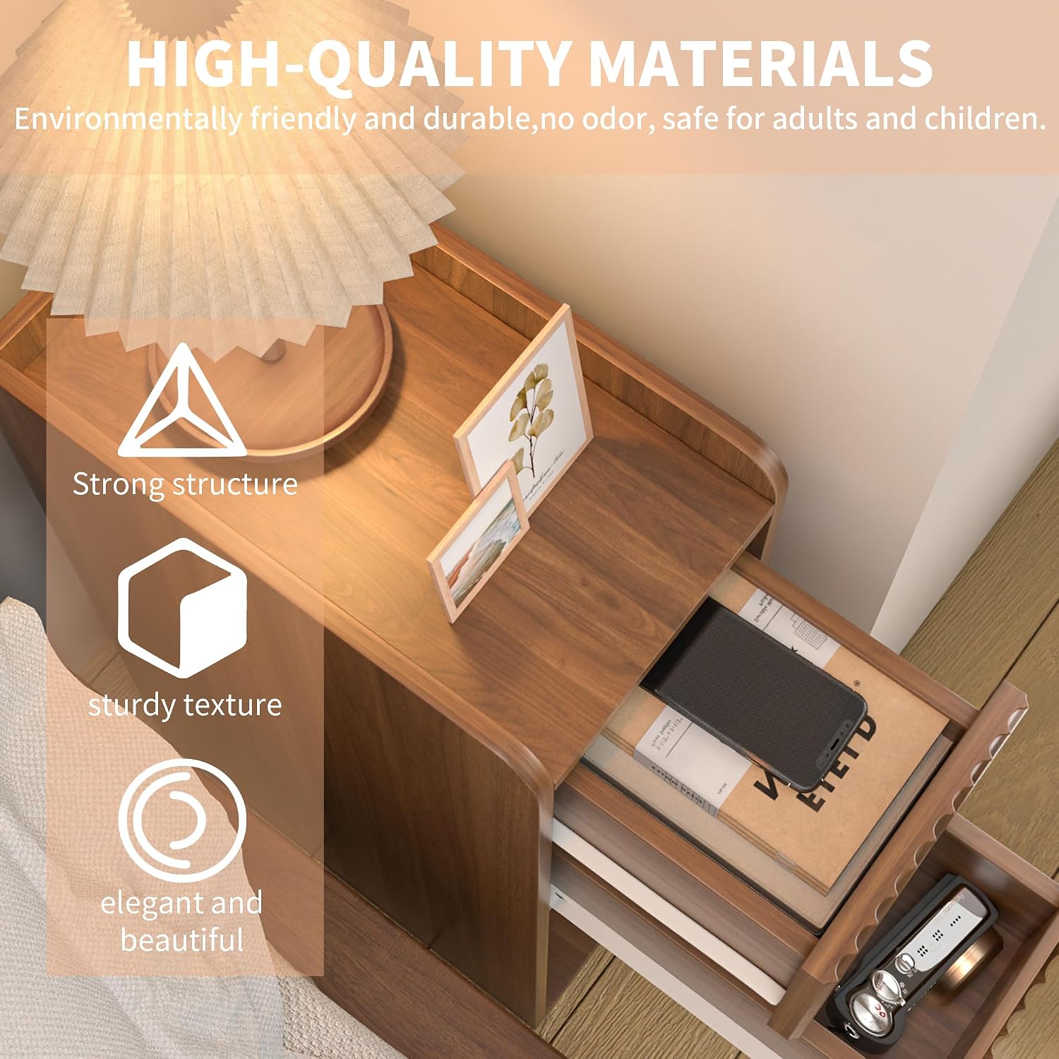 Narrow Fluted Nightstand Set of 2, Wooden Small 2 Drawer Nightstand, Slim Side End Table, Vintage Bedside Table, Mid Century Modern Night Stand with Drawers, for Living Room, Bedroom, Walnut