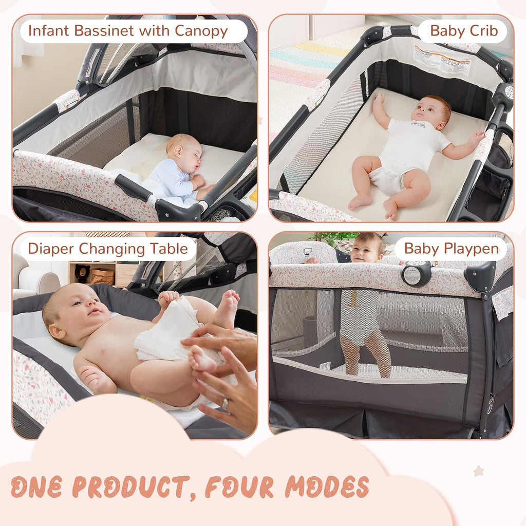 HONEY JOY Pack and Play, 4 in 1 Portable Baby Crib Playpen w/Bassinet, Changing Table, Canopy, Mattress, Music Box, Storage Bag, Foldable Pack and Play for Infant Boys Girls