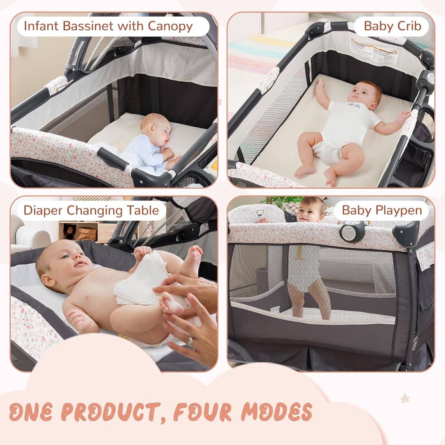 HONEY JOY Pack and Play, 4 in 1 Portable Baby Crib Playpen w/Bassinet, Changing Table, Canopy, Mattress, Music Box, Storage Bag, Foldable Pack and Play for Infant Boys Girls