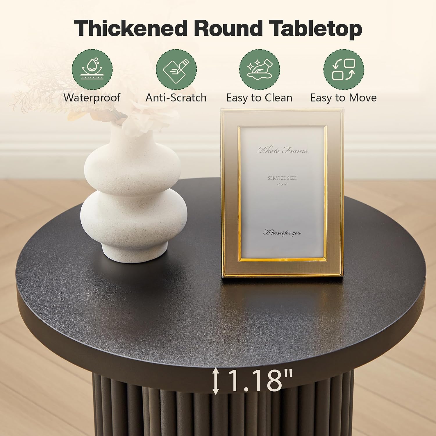Small Sofa Side Table Set of 2, Fluted Accent Pedestal End Table, Wood Round Night Stand, Farmhouse Bed Side Table Drink Tables for Living Room, Small Spaces (Black-2PCS)