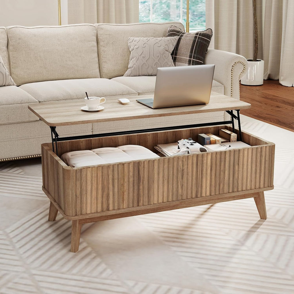 Giantex Lift Top Coffee Table with Storage, 43.5' Mid Century Modern Center Table with Solid Wood Leg & Hidden Compartment, Minimalist Fluted Living Room Table for Home Office, Oak