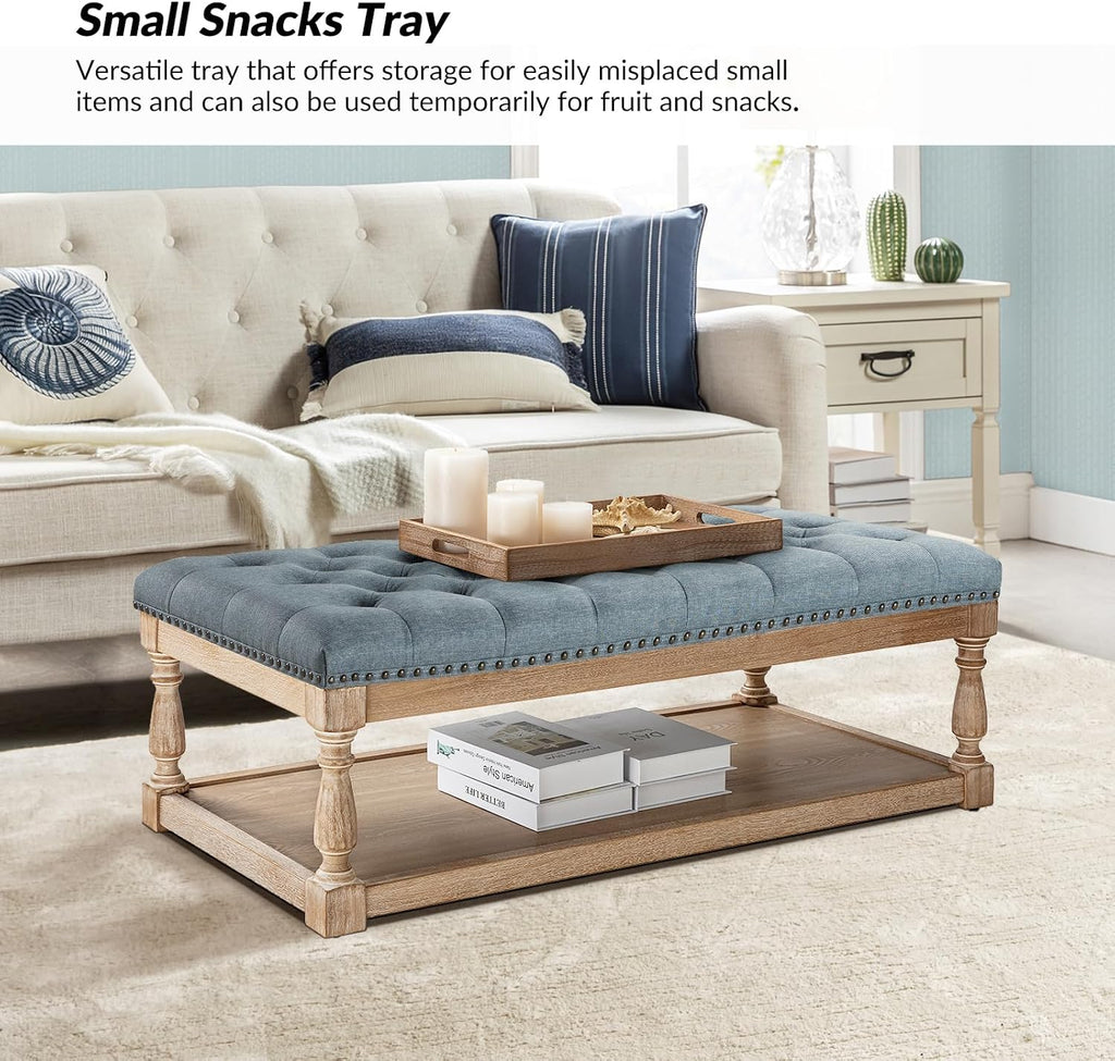 HULALA HOME Rectangle Ottoman Coffee Table with Tray, Tufted Living Room Ottoman with Solid Wood Storage Shelf, Blue
