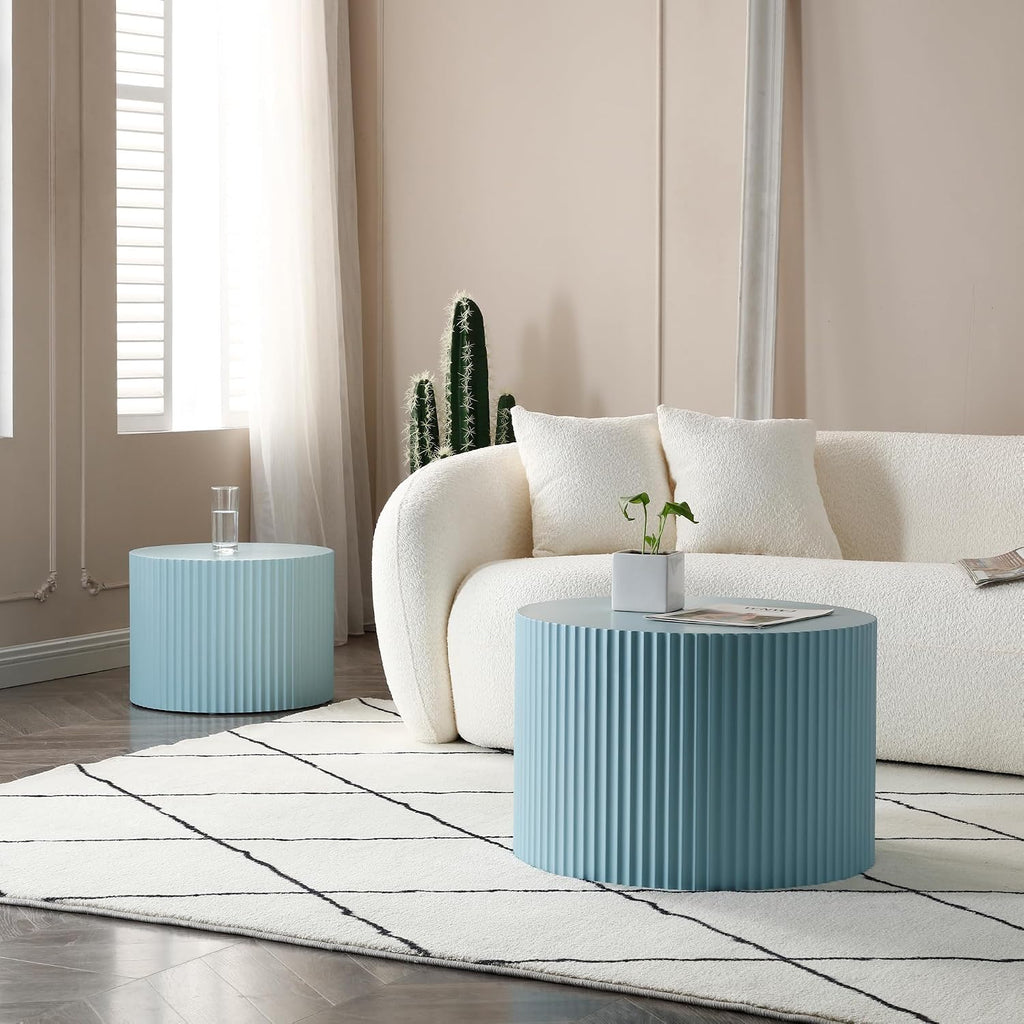 Nesting Coffee Table Set of 2, 23.6 inch Round Coffee Tables, MDF Nesting Tables with Roman Column Design, Modern Handcrafted Wooden Drum Accent Tables for Living Room - Light Blue