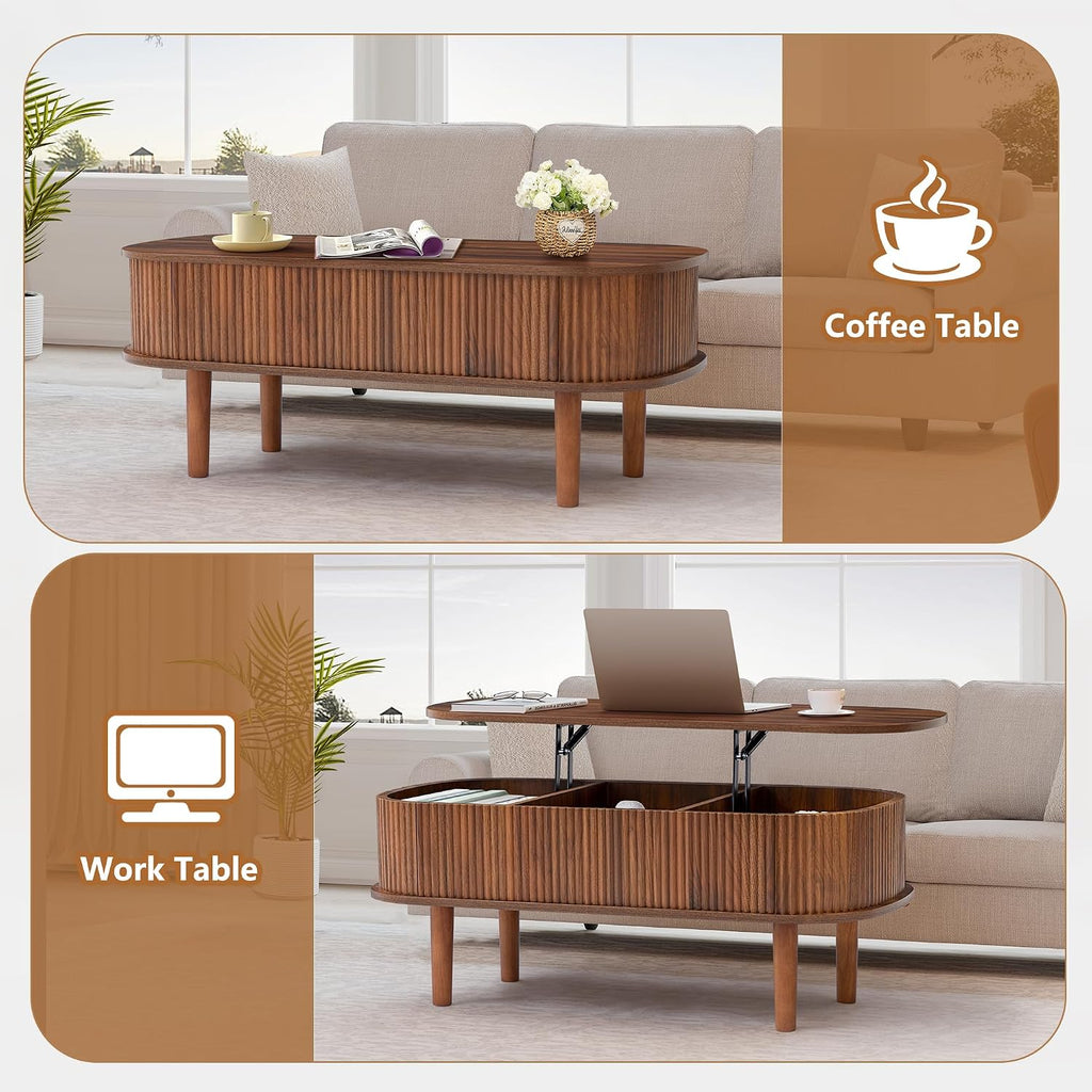 Fully Assembled Fluted Lift Top Coffee Table with Hidden Compartment, Wooden Center Table, Modern Oval Lift Tabletop for Home Living Room Office, Walnut