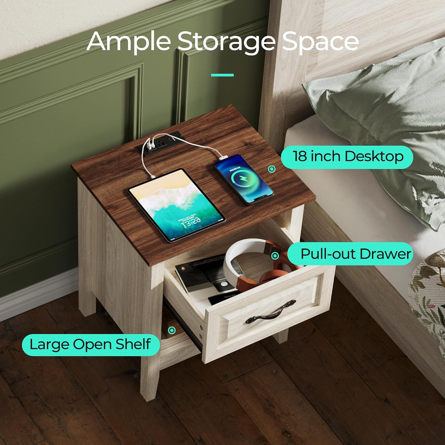 LINSY Night Stand Set of 2, 18.9' Farmhouse Wood NightStand with Type-C Charger &Open Storage Shelf Nightstands with Drawer, Side Table End Table for Bedroom Living Room Sofa Couch Office Beige