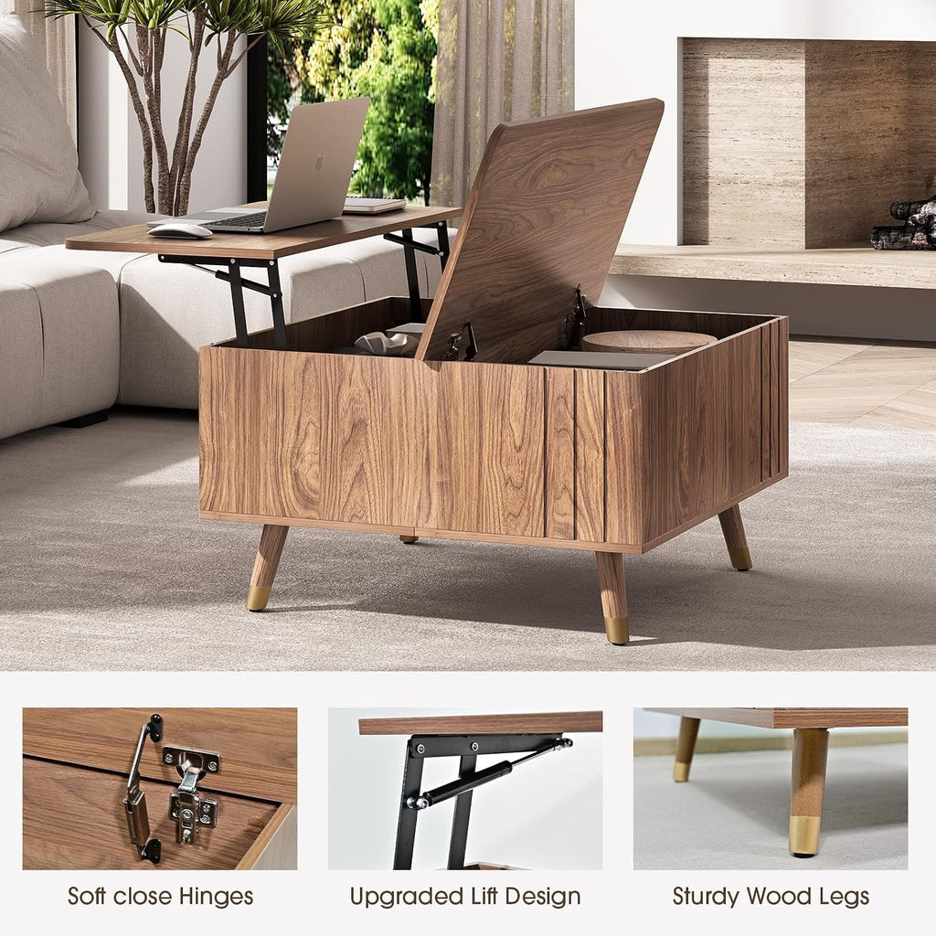 Square Coffee Table with Lift-Top & Flip-Top Storage, 36' Functional Modern Accent Center Table with Solid Wood Legs, Rustic Walnut Coffee Tables for Living Room Small Space or Office