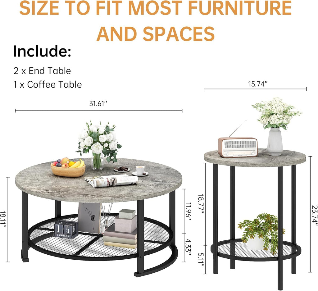 Recaceik Round Coffee Table and End Table Set of 3 with Storage, Modern Vintage Grey Coffee Table and Side Table for Living Room, Office, Apartment, Small Space