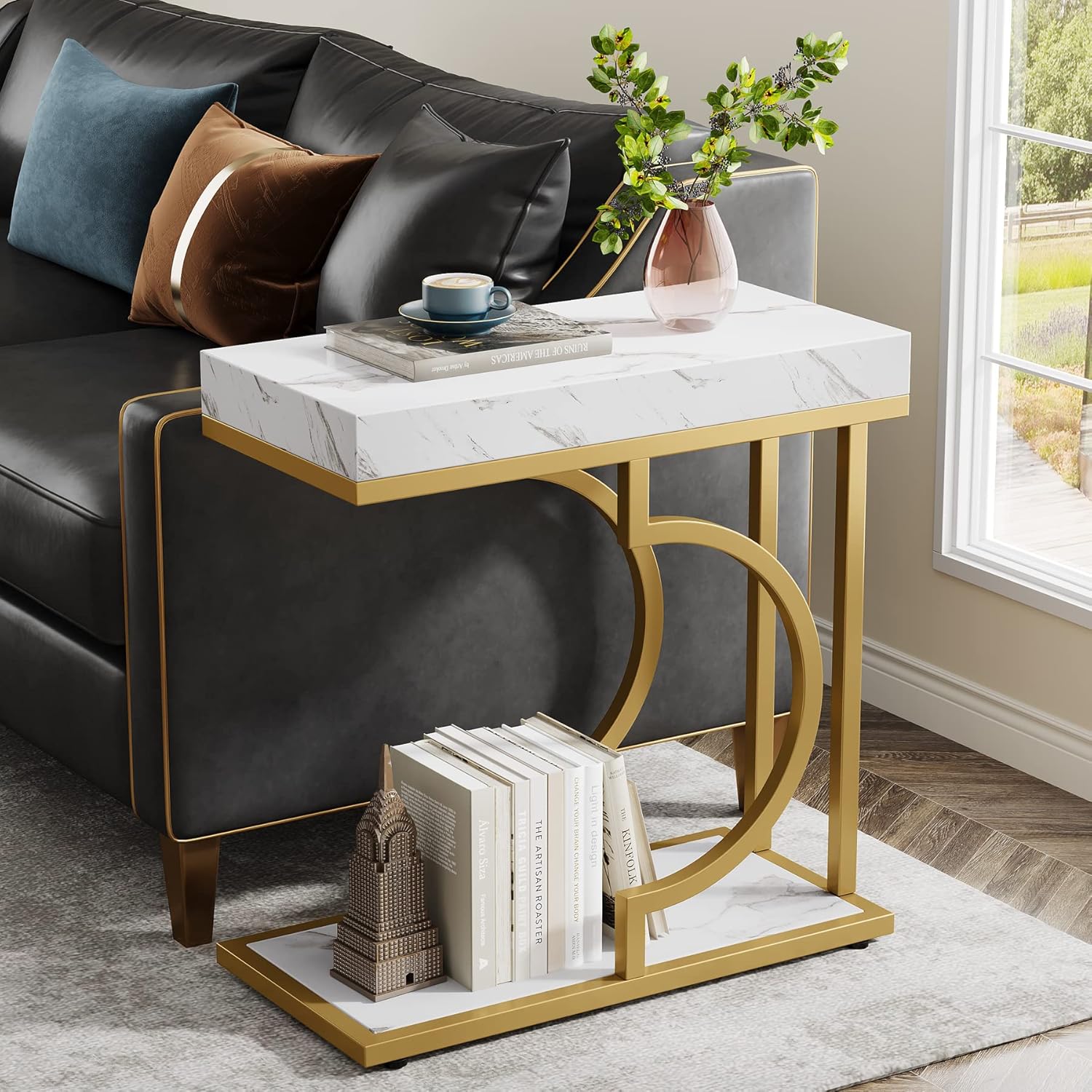 Tribesigns Narrow Side Table Set of 2, C Shaped End Table for Couch, White Gold Modern Bedside Tables with Metal Frame, Small Sofa Tables for Small Spaces, Living Rooms (2, White+Gold)