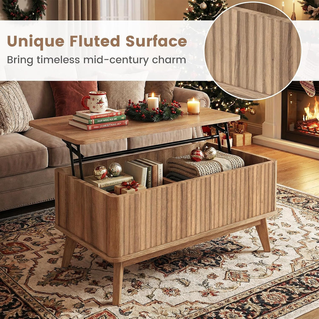 Giantex Lift Top Coffee Table with Storage, 35.5' Mid Century Modern Center Table with Solid Wood Leg & Hidden Compartment, Minimalist Fluted Living Room Table for Home Office, Oak