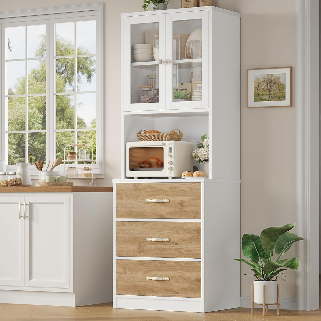 Keyluv 71' Tall Kitchen Pantry Storage Cabinet with Microwave Stand, Buffet Kitchen Hutch with Shelves and Drawers, Wood Coffee Bar Pantry Cabinet with Glass Doors, for Dining Room/Small Space, Khaki