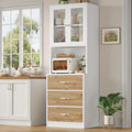 Keyluv 71' Tall Kitchen Pantry Storage Cabinet with Microwave Stand, Buffet Kitchen Hutch with Shelves and Drawers, Wood Coffee Bar Pantry Cabinet with Glass Doors, for Dining Room/Small Space, Khaki